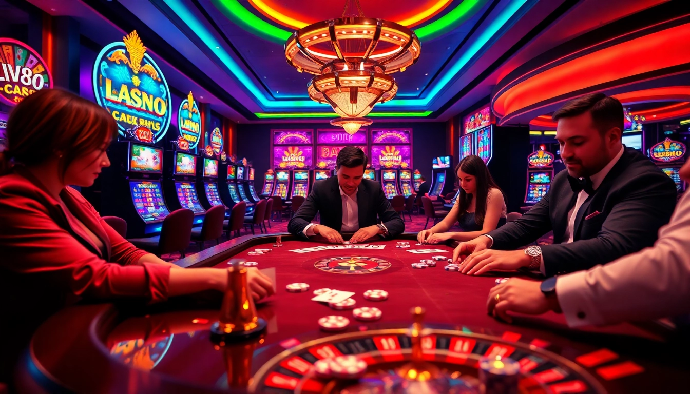 Players strategizing at an LV88 poker table, showcasing excitement and luxury in a vibrant casino setting.