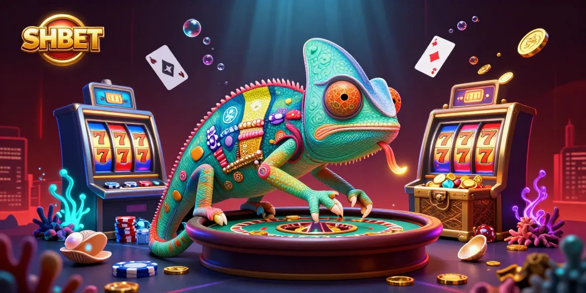 Engage with SHBET's vibrant chameleon casino owner amidst slots, poker elements, and rich treasures.