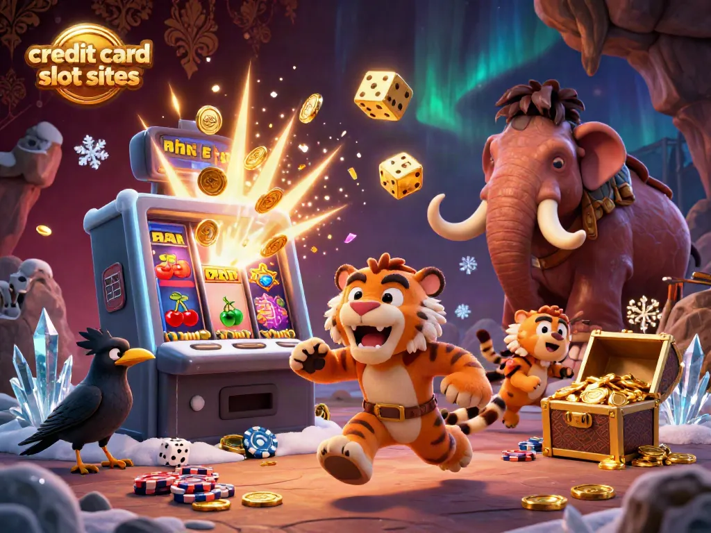 Experience fun at credit card slot sites with a caveman, sabretooth duo, and clever crow in a vibrant casino.