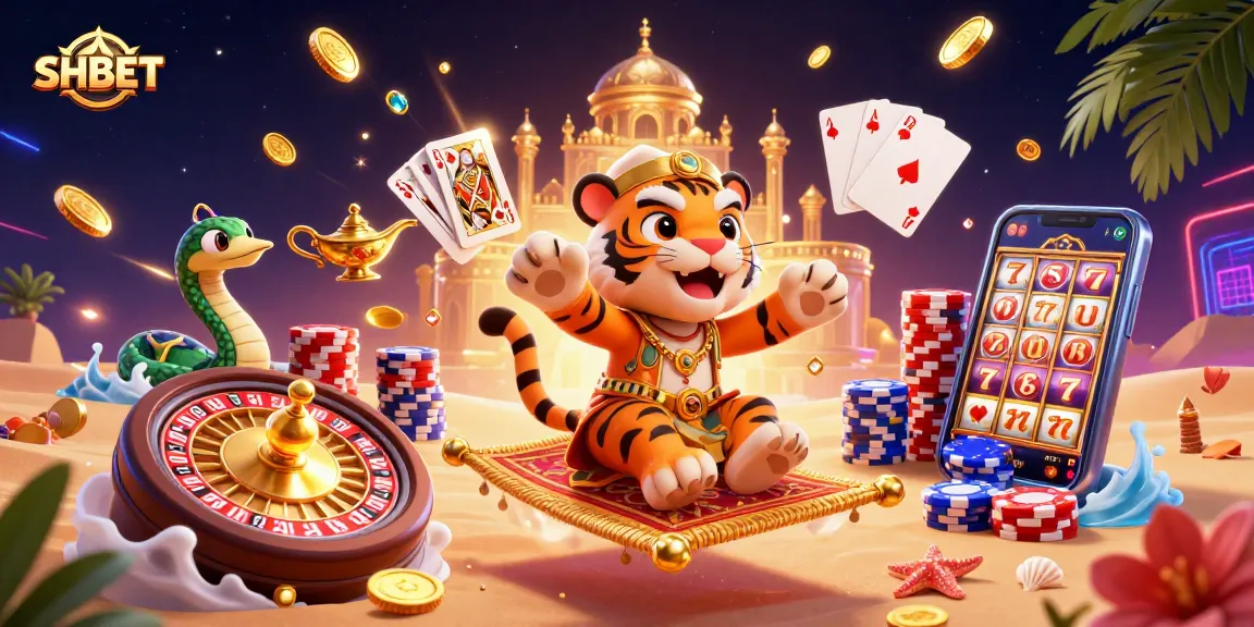 Experience excitement with SHBET in this vibrant casino illustration featuring a tiger sultan on a flying carpet.
