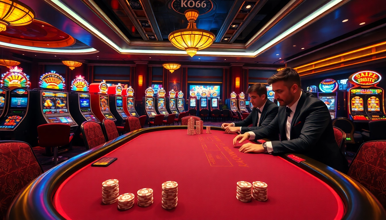 Các người chơi tận hưởng trò chơi poker đặt cược cao tại casino theo chủ đề KO66 trong không gian sang trọng.