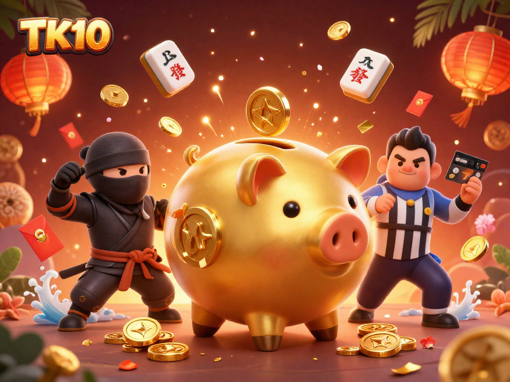 Win big at TK10 with a vibrant scene featuring dynamic characters and gaming elements.