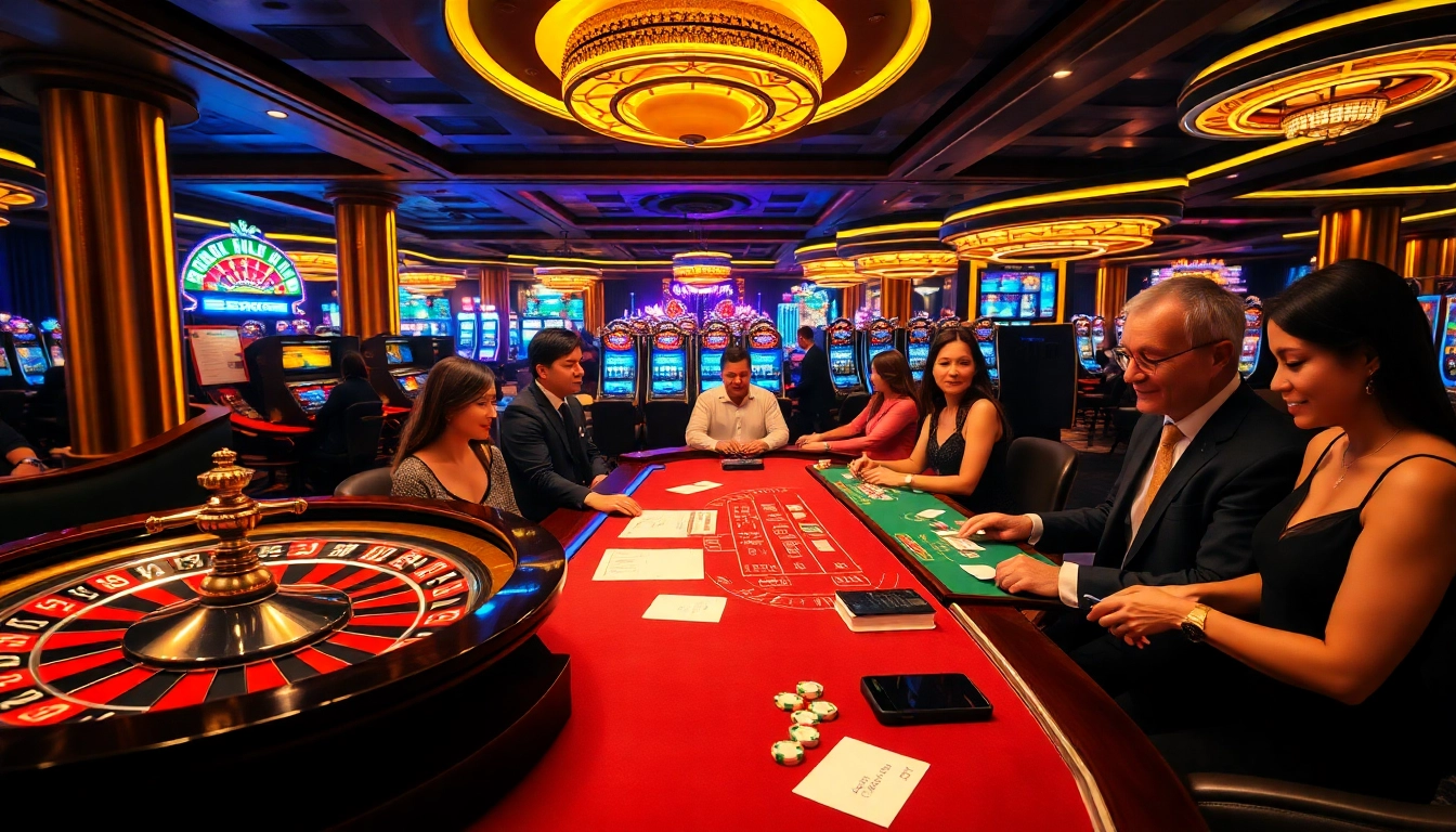 Experience the excitement of gambling at https://123b.ing/ with a vibrant casino scene featuring roulette and poker tables.