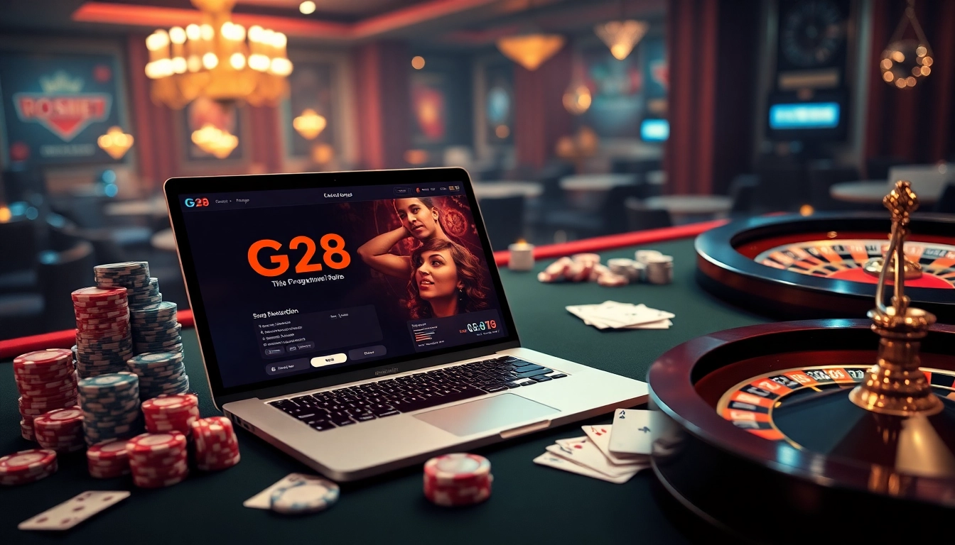 Experience the excitement of G28 online gambling with poker chips and casino cards.