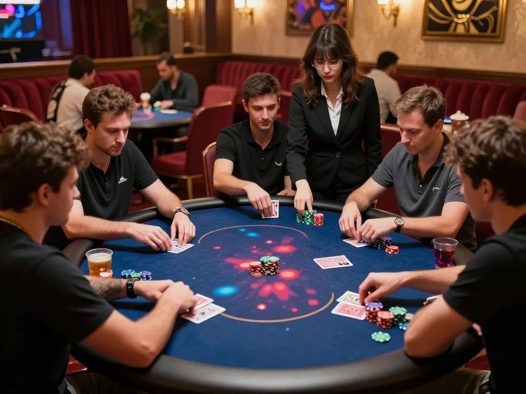 Patok bet poker tournament in a luxurious casino, capturing intense gameplay and strategic moments.