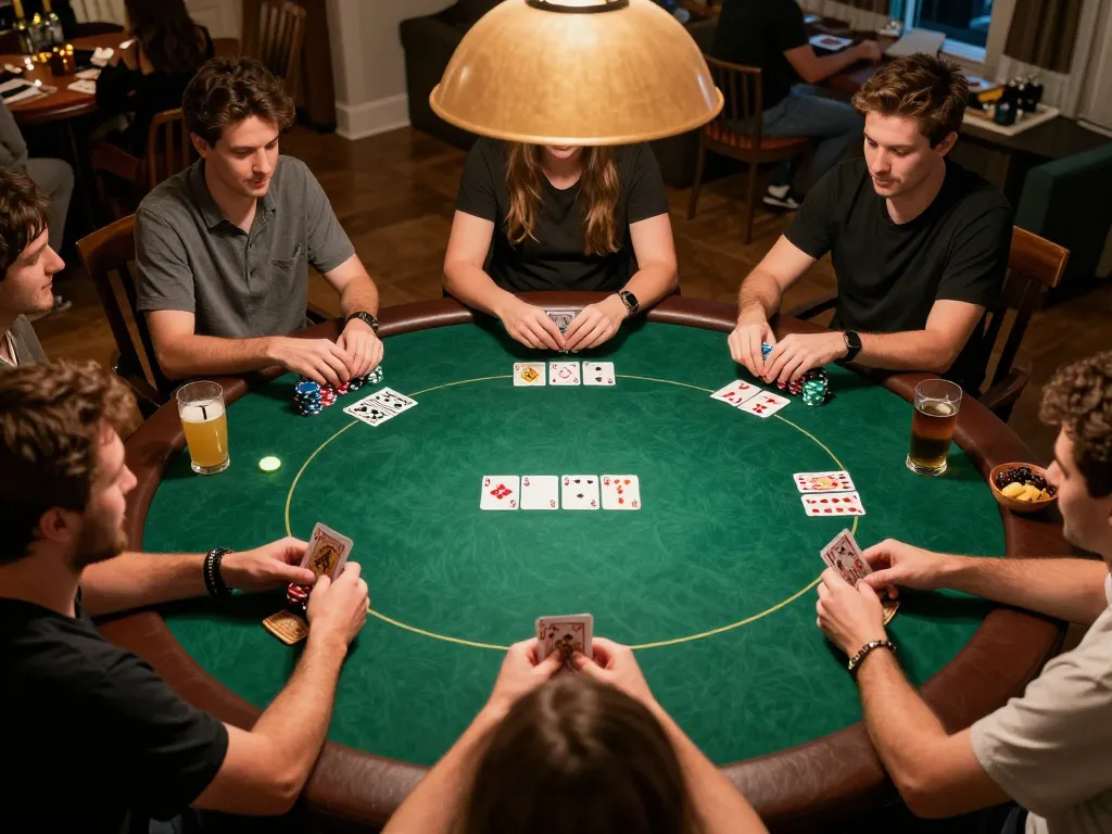 Players enjoying a friendly poker game at home, showcasing LV88's social and strategic gambling atmosphere.