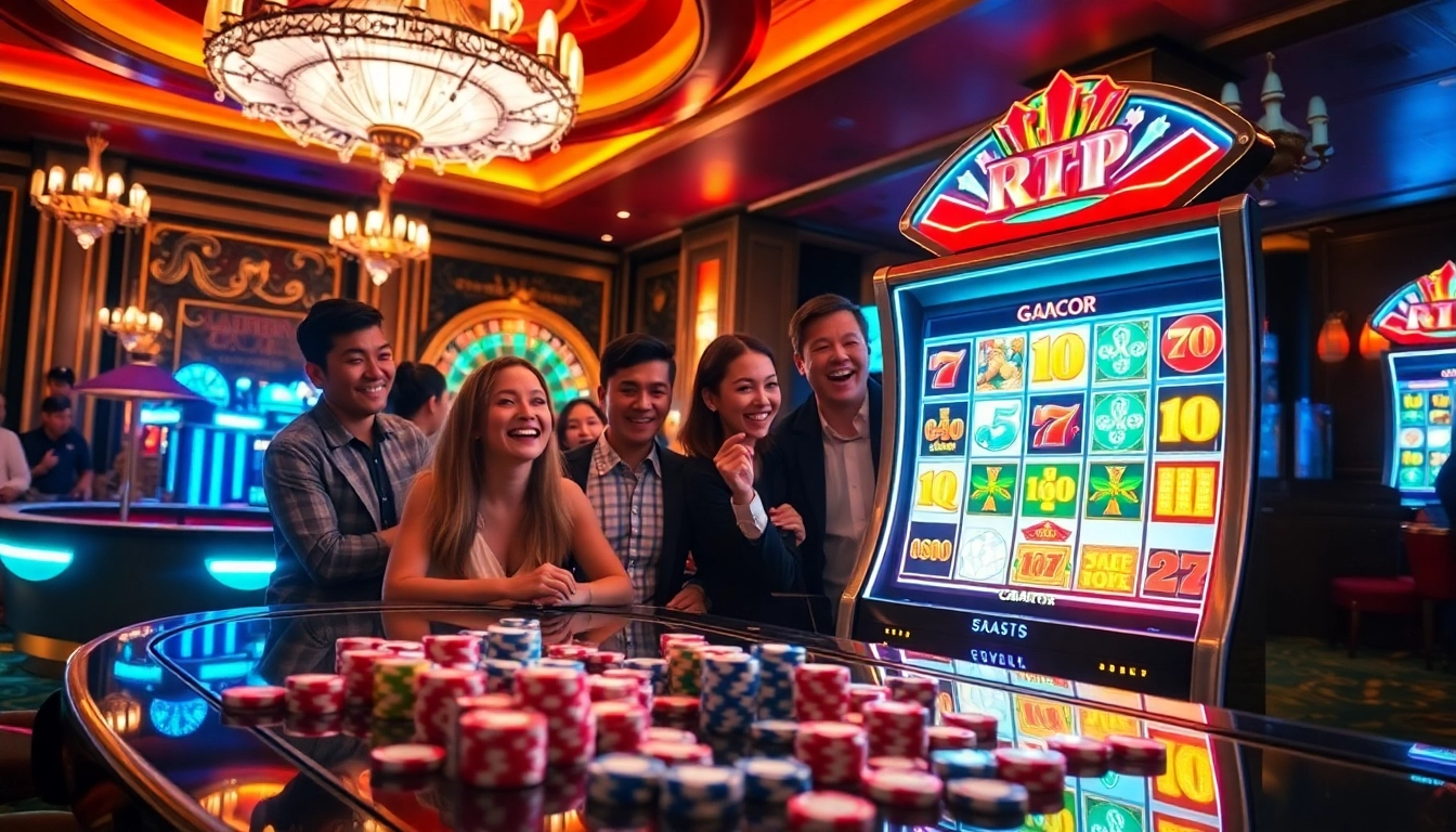 Experience excitement at the RTP Slot Gacor with casino players enjoying high-stakes gaming.