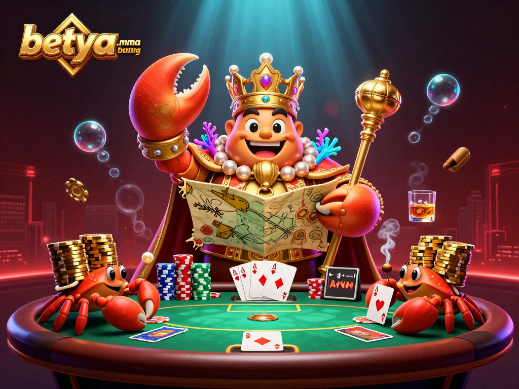 Engage in betya.com MMA betting with a vibrant illustration of a golden crab emperor and poker elements.