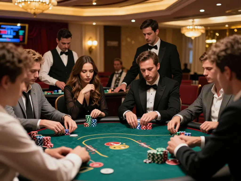 One88br players strategizing at a high-stakes poker table in an upscale casino environment.