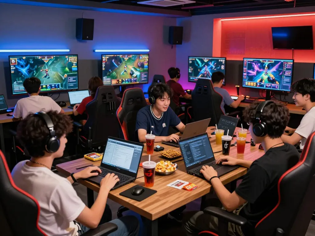 Dota 2 betting scene with friends analyzing game statistics in a vibrant esports lounge.