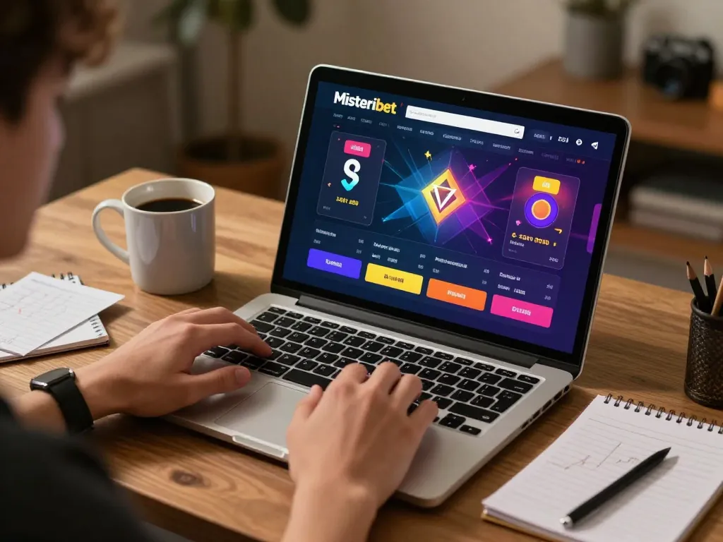 Misteribet player enjoying online casino games on a laptop in a cozy home setting