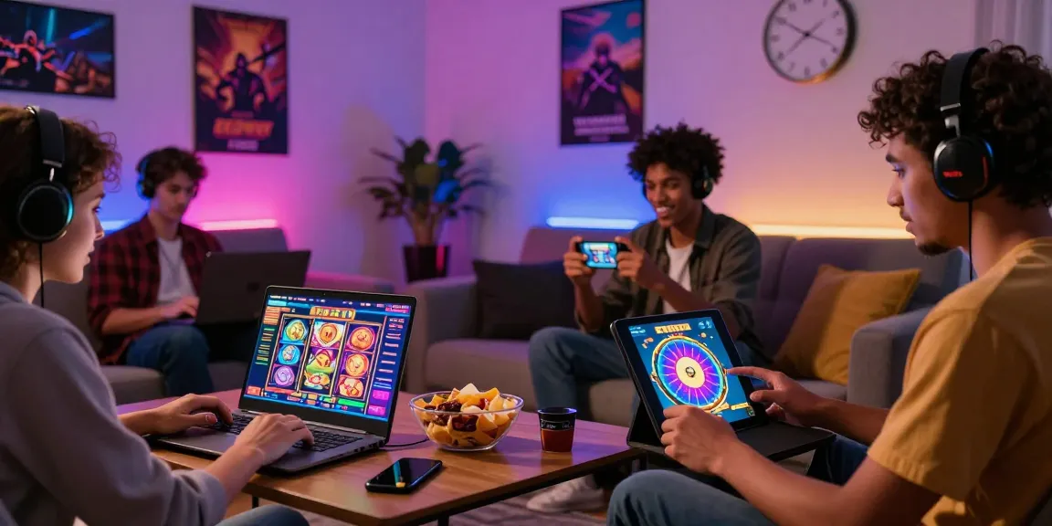 Players engaging with new online slot sites in a lively home setting, showcasing excitement and comfort.