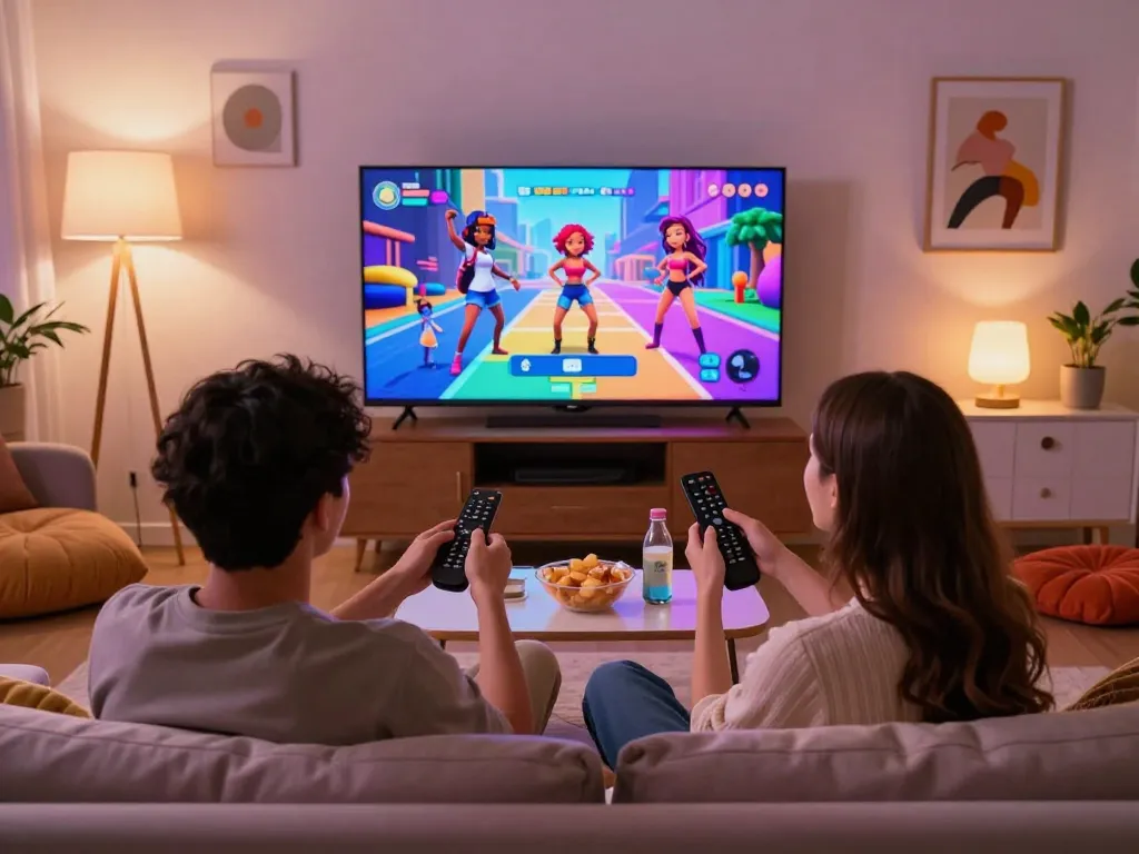 Couple enjoying interactive sex games in a cozy living room setting