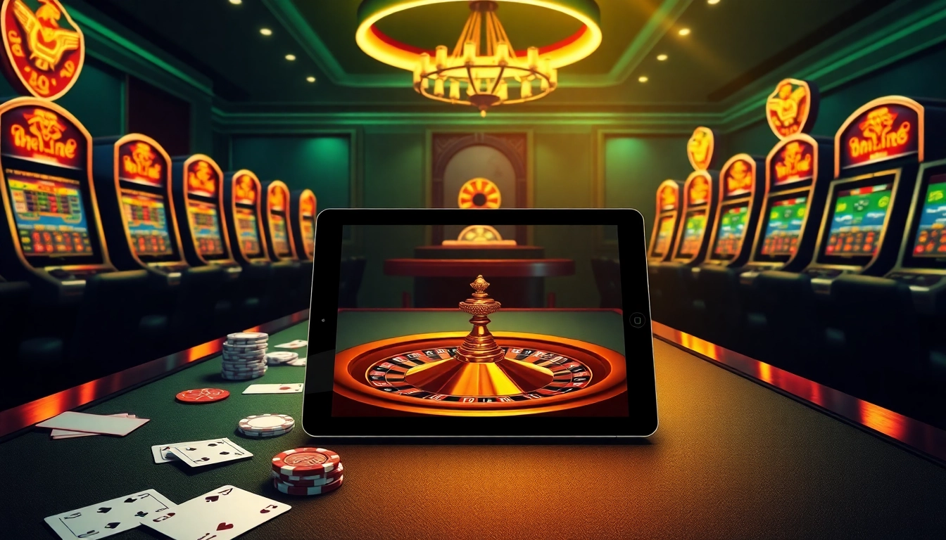 Engaging gamblers at https://thabet1.net/ with a vibrant casino scene featuring poker chips and roulette.