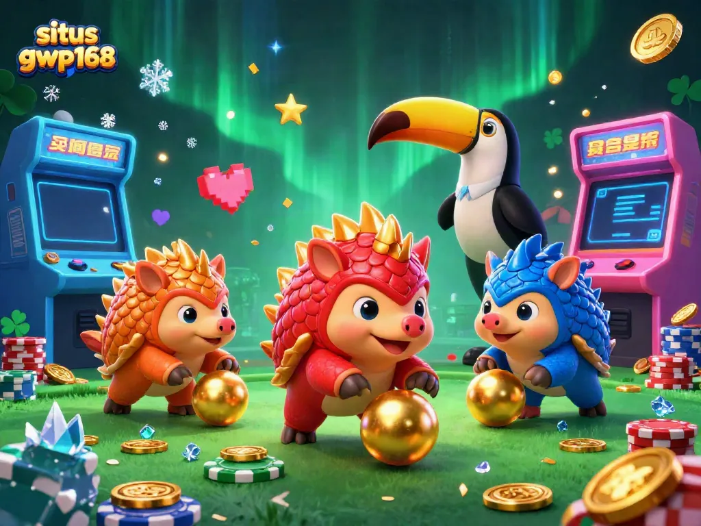 Memenangkan jackpot di situs gwp168 dengan animasi pangolin berkelahi, bertumpuk chip poker dan mesin arcade