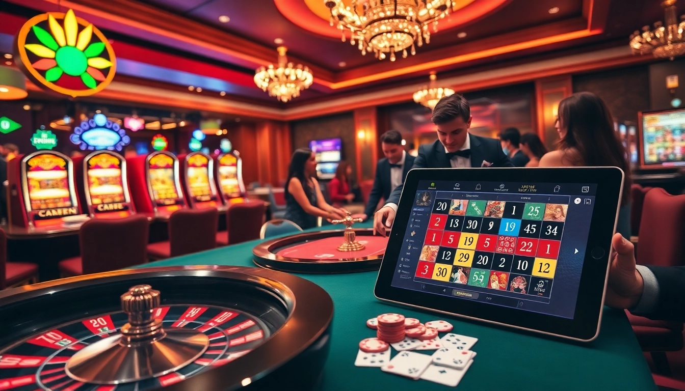 Exciting casino scene at https://mk8th.net/ featuring roulette, slots, and players engaged in gameplay.