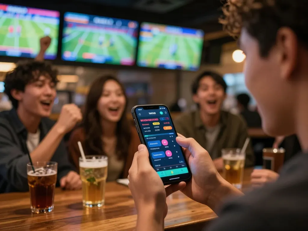 Toto8 link alternatif enhances sports betting action on smartphone amidst lively bar atmosphere.