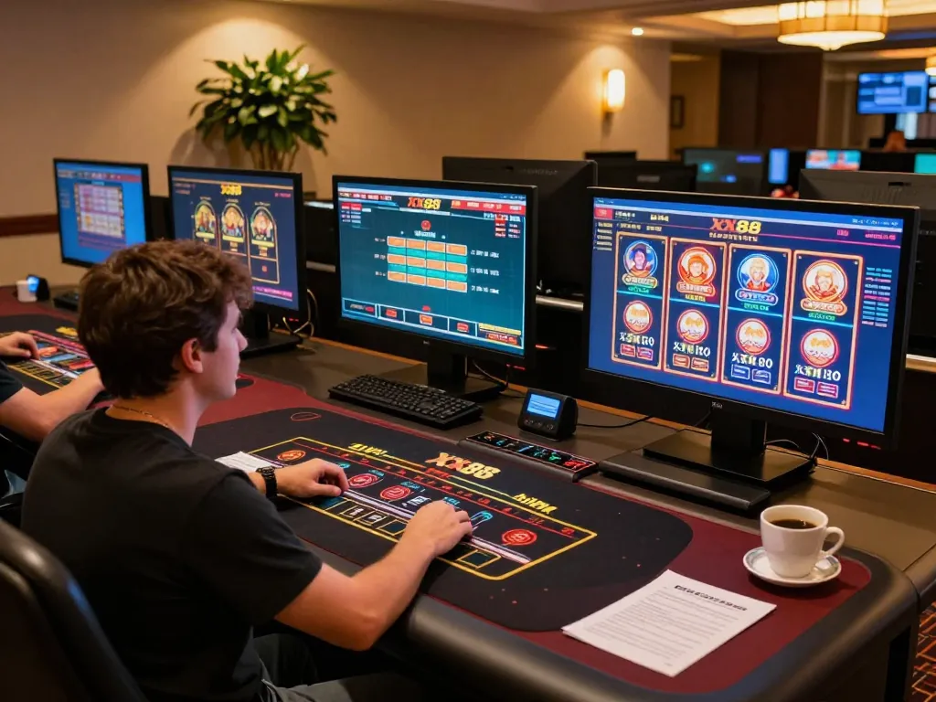 Engaging XX88 video gameplay on multiple screens showcasing slot and live dealer games for online casino fun.