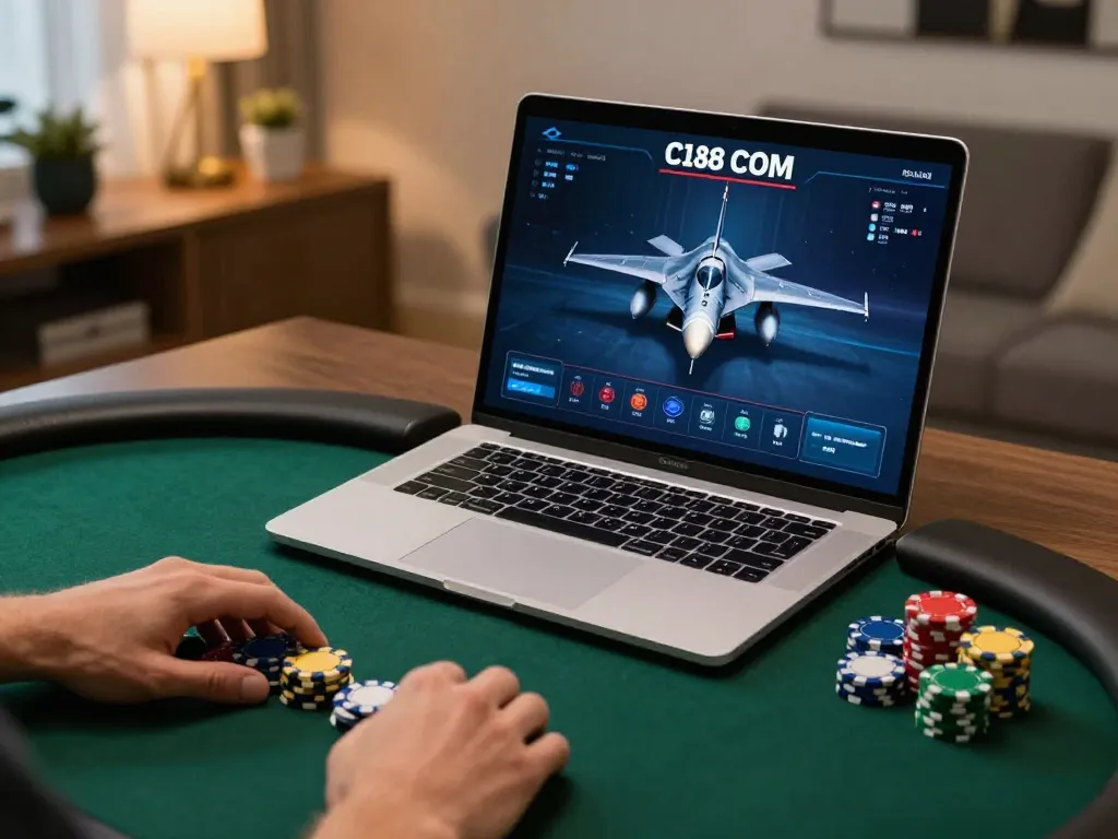 Engaging in strategic gameplay on F168 COM poker interface in a luxurious home office