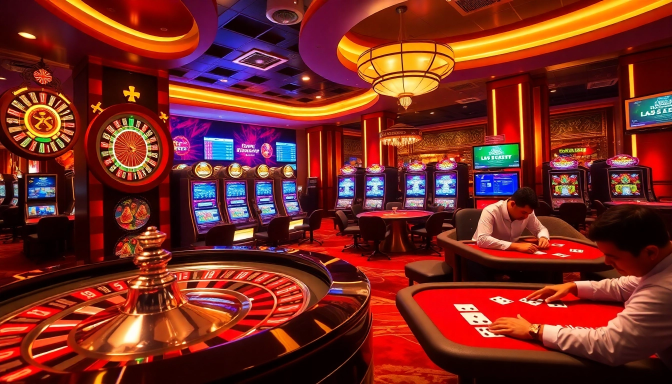 Engage with thrilling gaming experiences at https://fb88.report/ showcasing vibrant casino tables and slot machines.