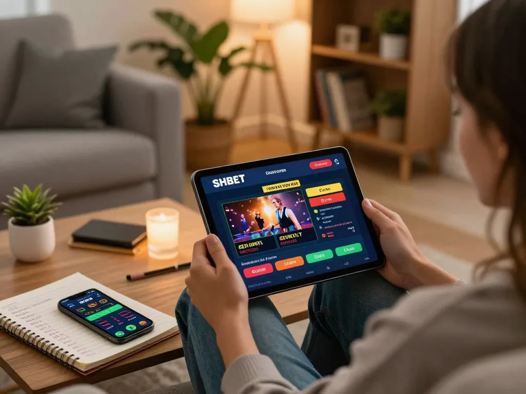 Engaging home gaming scene where a player enjoys SHBET online casino on a tablet while tracking strategies.