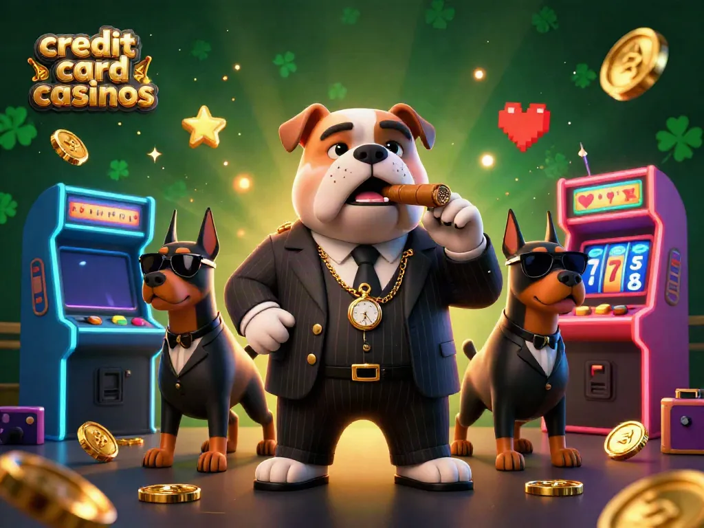 Engage at credit card casinos with mafia-themed 3D illustration of a bulldog boss and Doberman guards.