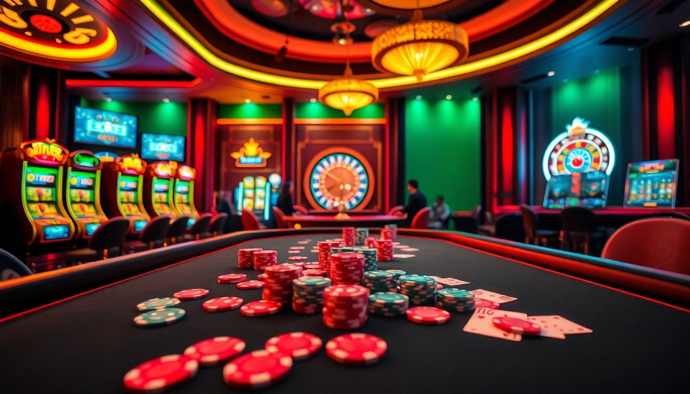 Experience the excitement of gambling at uu88 with a luxurious casino table and vibrant slot machines.