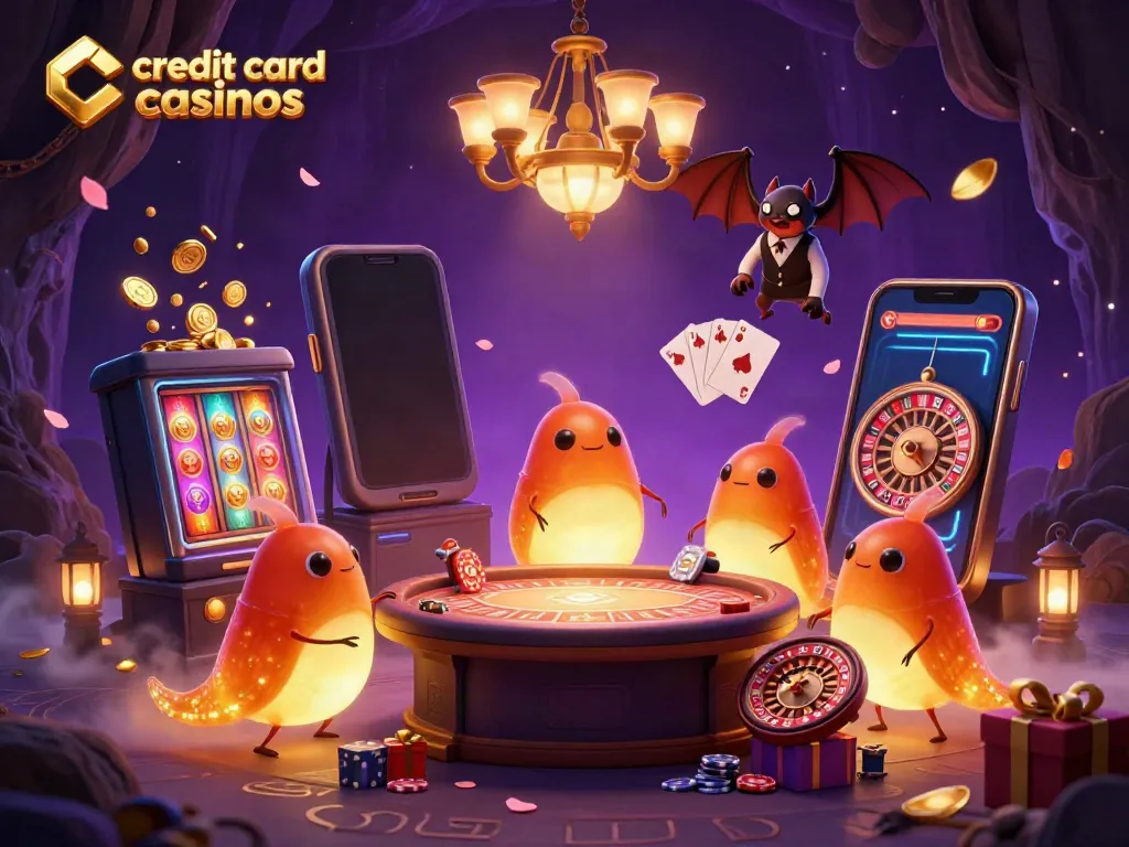 Experience the excitement of credit card casinos with vibrant glowworms and a bat dealer in a dynamic cave casino scene.
