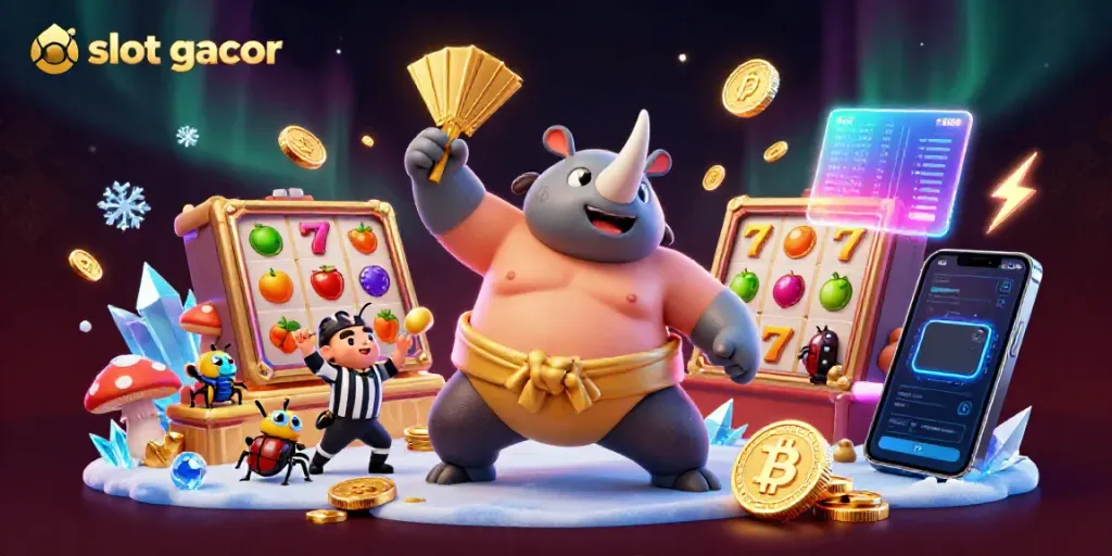 Experience slot gacor in a vibrant 3D cartoon scene with golden coins and playful, dynamic gaming elements.