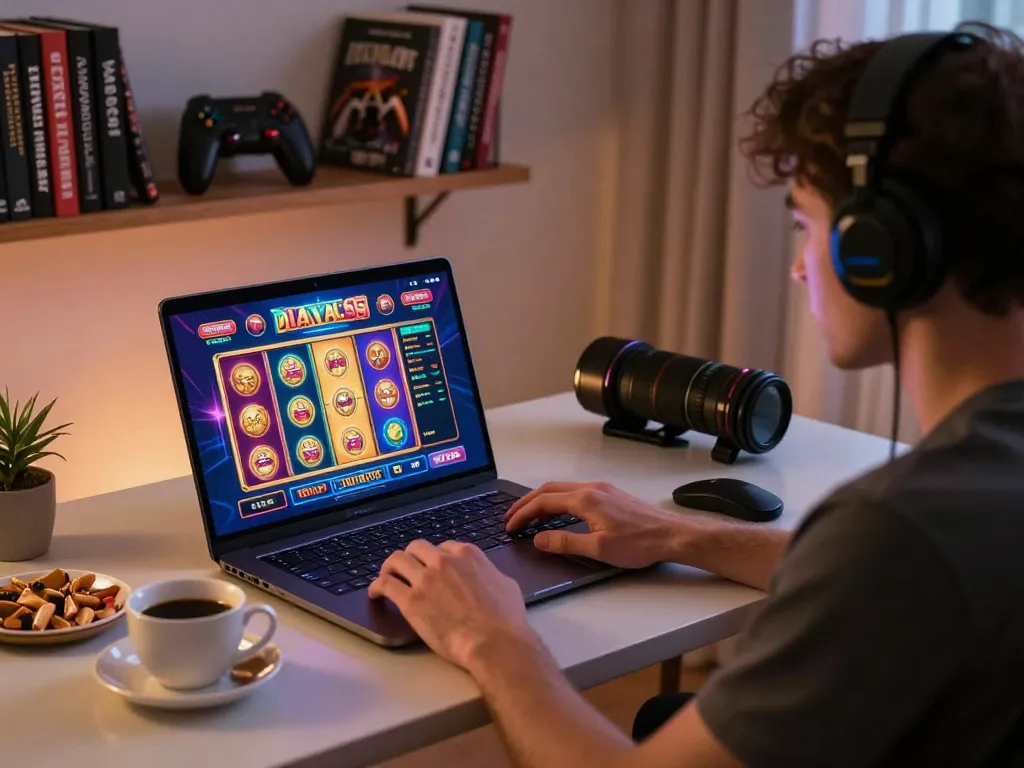 Cucu777 player engaging in online slots with vibrant interface in a cozy home office setup.