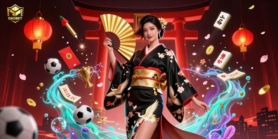 SBOBET sports betting illustration featuring an Asian woman with a fan, soccer elements, and vibrant fireworks.