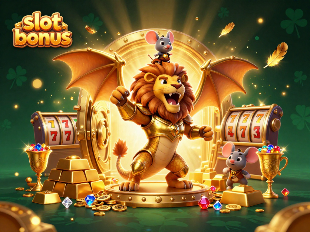 Win big with slot bonus rewards in this vivid 3D illustration showing a golden chimera triumphantly.