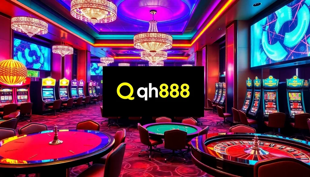 Players enjoying poker at qh88 modern casino with vibrant colors and dynamic atmosphere.