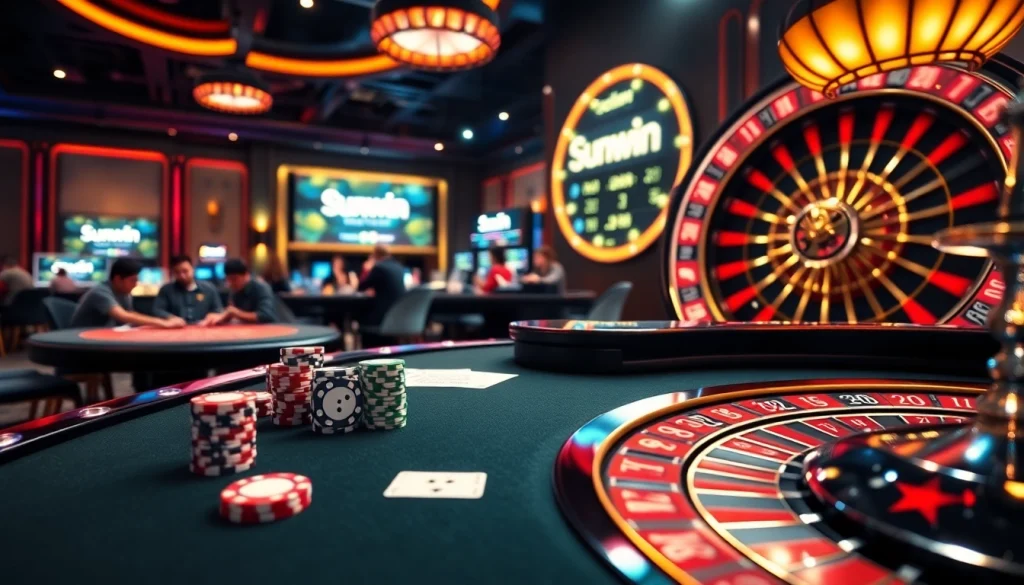 Players engaging in thrilling games at Sunwin casino, showcasing poker chips and a spinning roulette wheel.