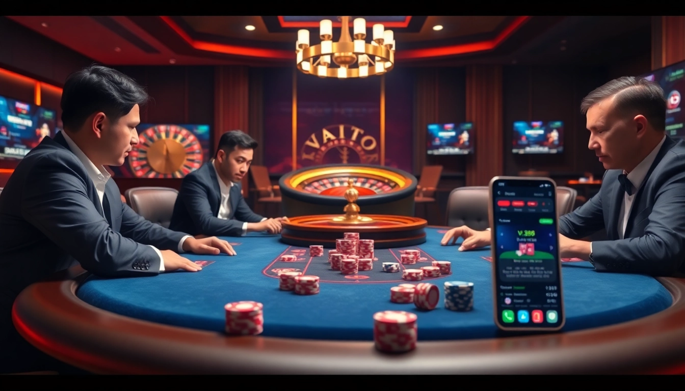Engage in exciting gambling at vn88 casino with vibrant poker tables and digital interfaces.