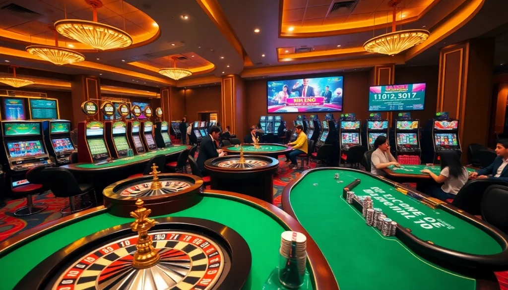 Engaging Hi88 casino scene with vibrant gaming tables, slot machines, and poker action.