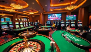 Engaging Hi88 casino scene with vibrant gaming tables, slot machines, and poker action.