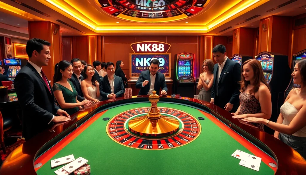Gambling excitement at NK88 with players enjoying a luxurious roulette table experience.