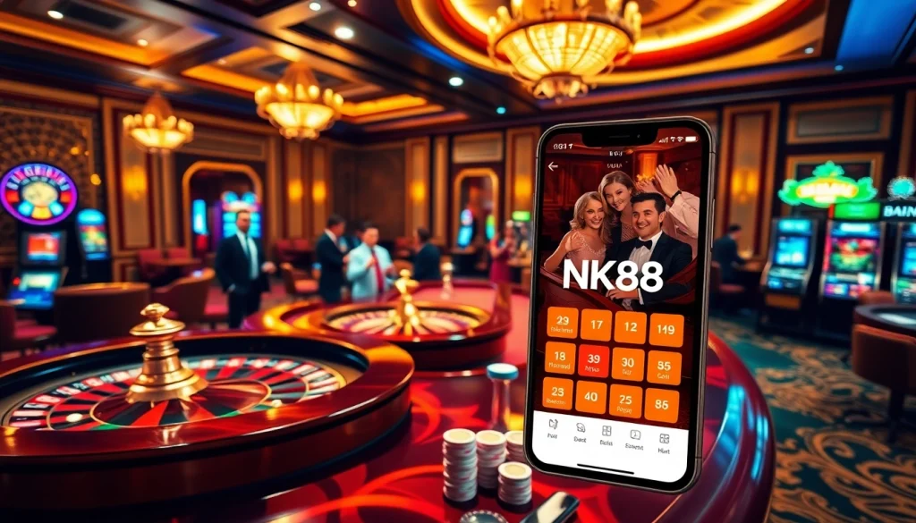 Experience the excitement of nk88 at a lively casino with roulette and poker tables.