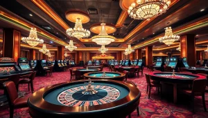 優塔娛樂城內部的華麗賭場場景，高檔撲克桌營造興奮氛圍。