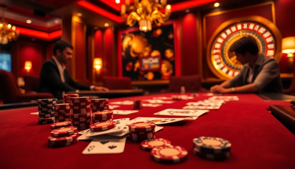Hitclub players making strategic bets at a luxurious poker table in a vibrant casino setting.
