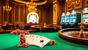 Lazadatoto gaming scene showcasing a luxurious casino table with vibrant poker chips and stylish roulette wheel.