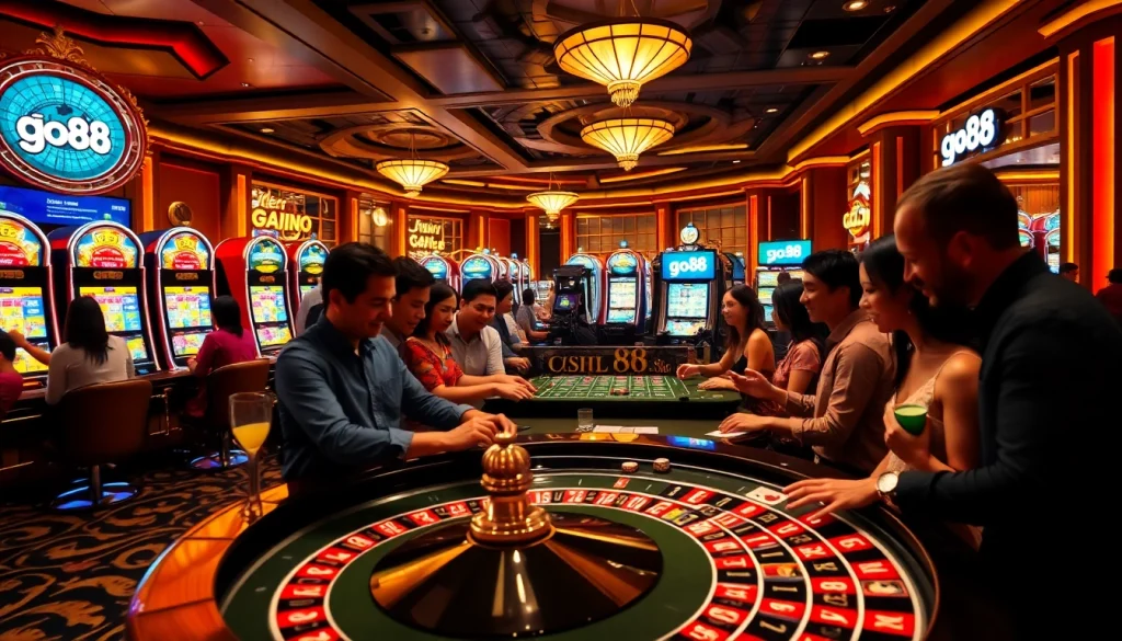 Players enjoying high-stakes action at go88 casino tables, surrounded by vibrant slot machines.