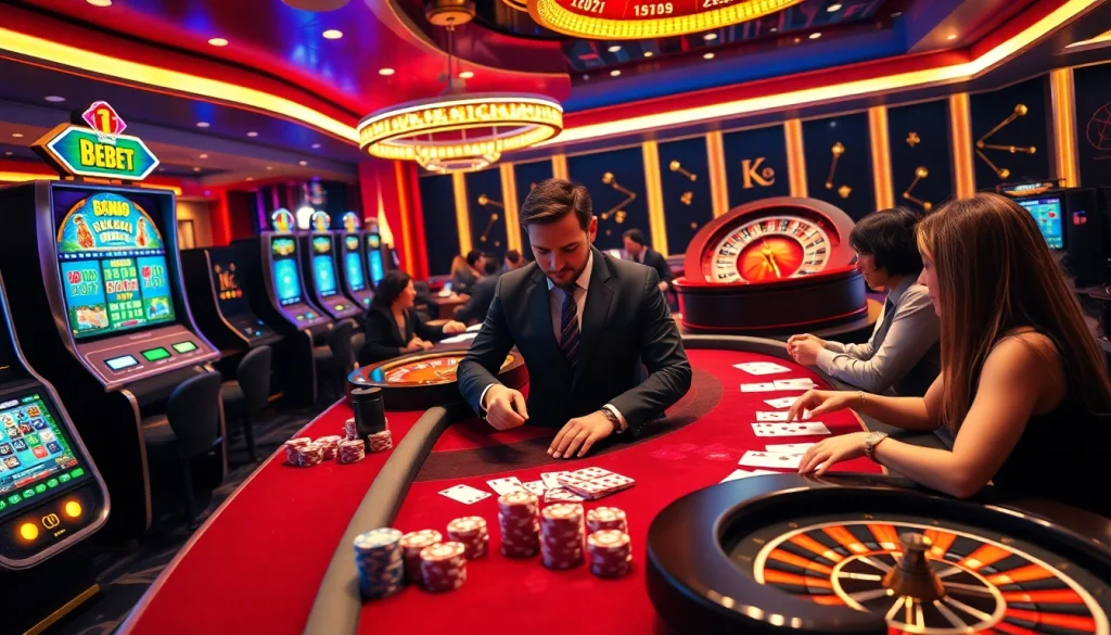 Experience the thrill of De bet with players engaged at a vibrant casino table surrounded by exciting games.