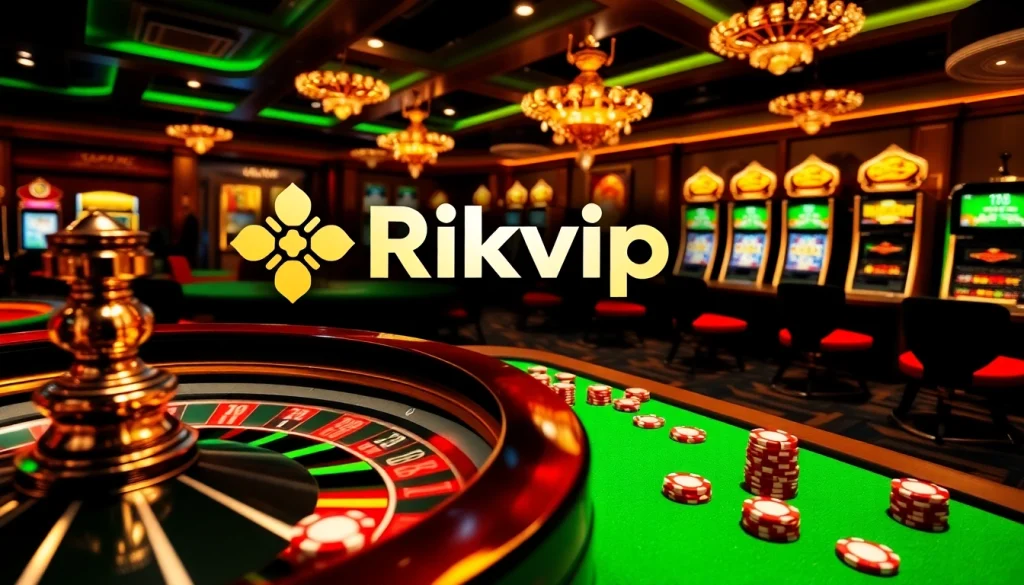 Rikvip online casino scene with roulette wheel, poker chips, and vibrant slot machines.