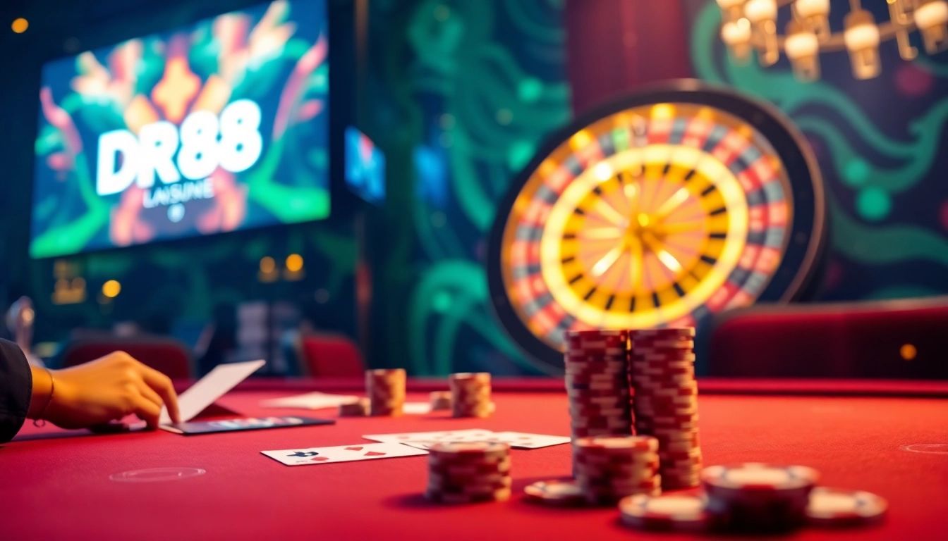 Engaging gamblers in a luxury casino scene, highlighting dr88 nhà cái uy tín with cards and roulette.