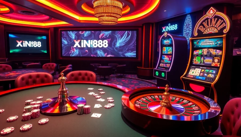 Exciting slot machine and poker table at Xin88 casino, showcasing vibrant gambling elements.