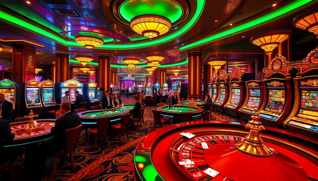 Players enjoying thrilling casino games at 789P, featuring poker tables and vibrant slot machines.