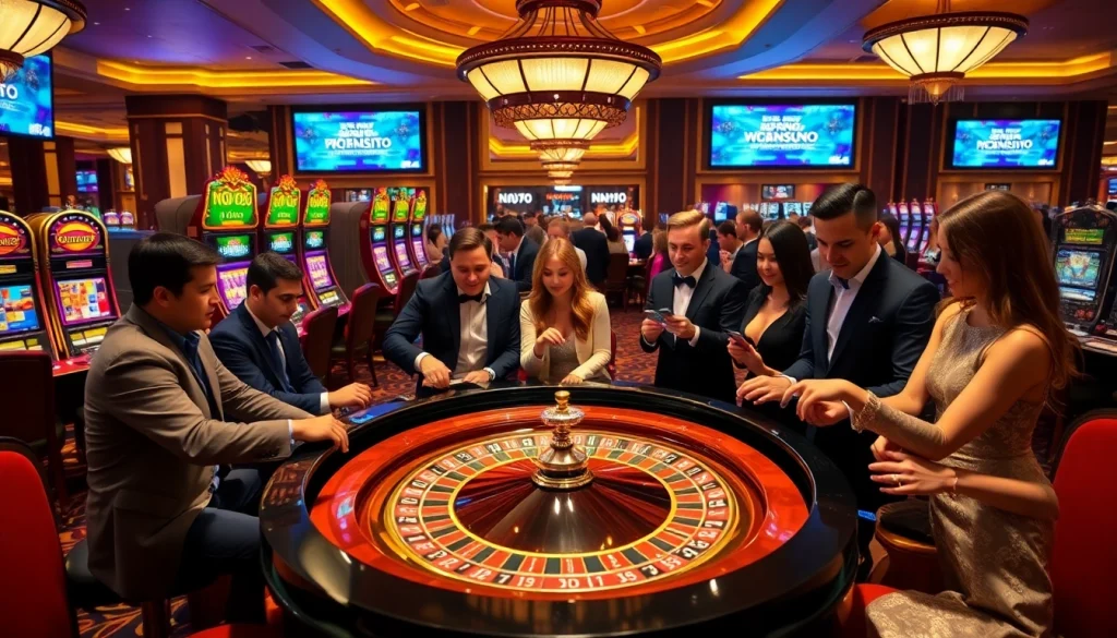 Gamblers enjoy a thrilling game at NOHU90 COM casino with vibrant slot machines and roulette tables.
