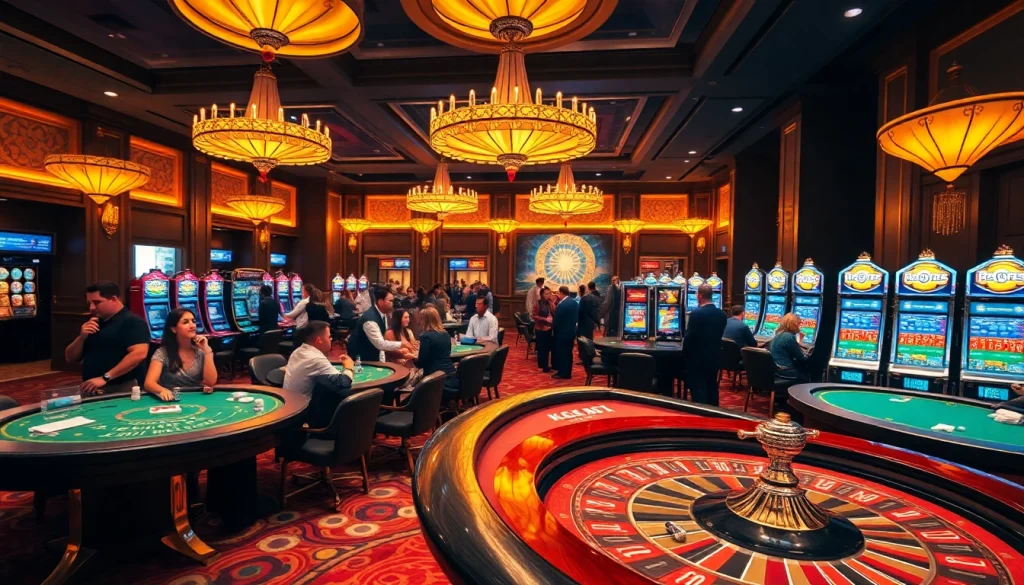 KJC casino scene showcasing poker, roulette, and excited players betting on high-stakes games.
